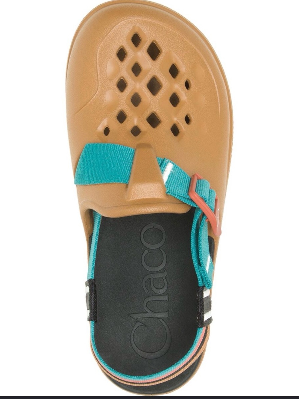 Chaco Tan Sandal with Teal Straps and Coral Accent